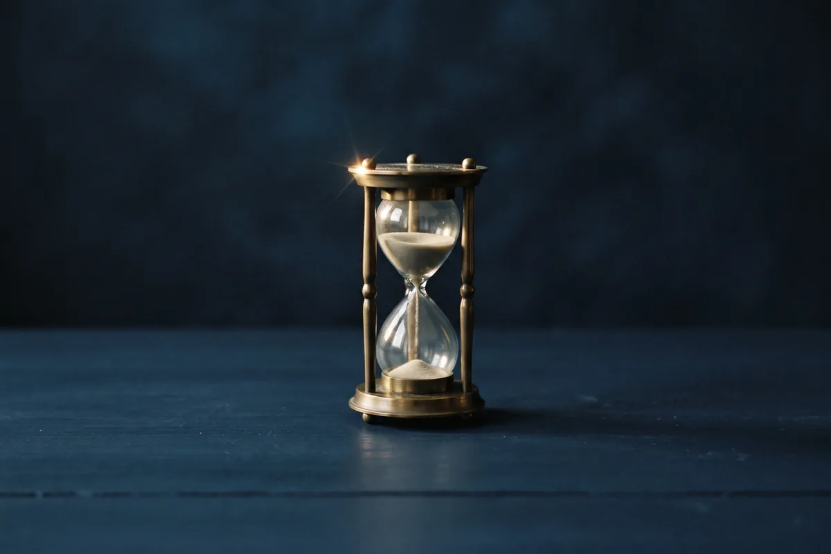 A small brass hourglass on a dark table