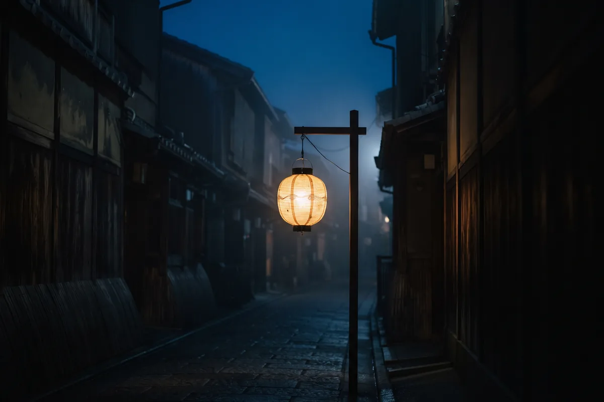 A glowing paper lantern in a dark alley
