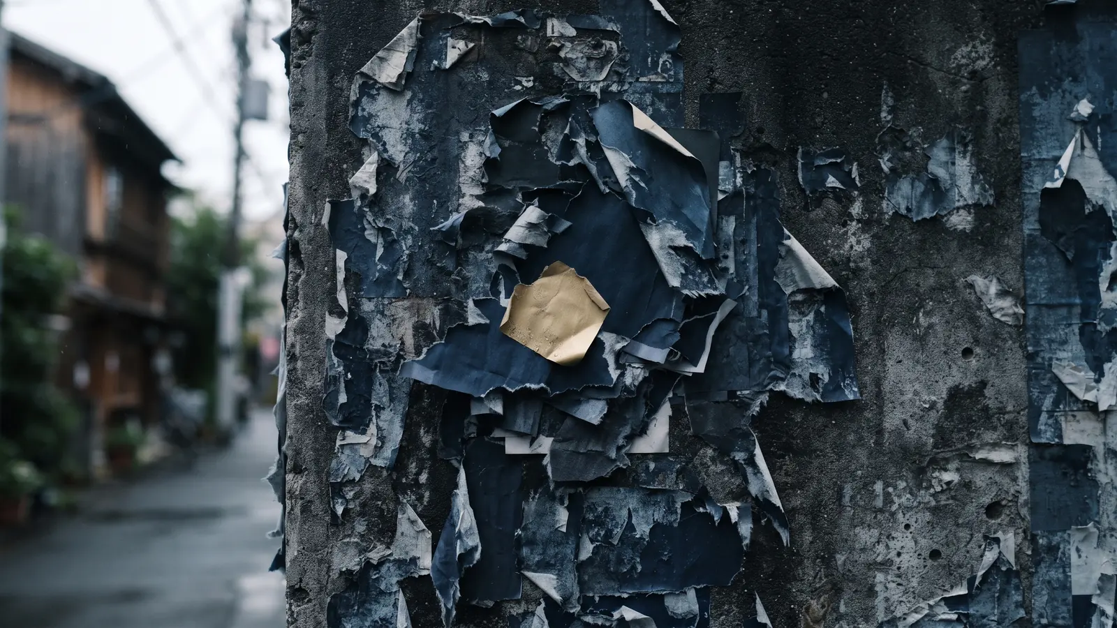 Peeling paper posters on an old wall in navy tones