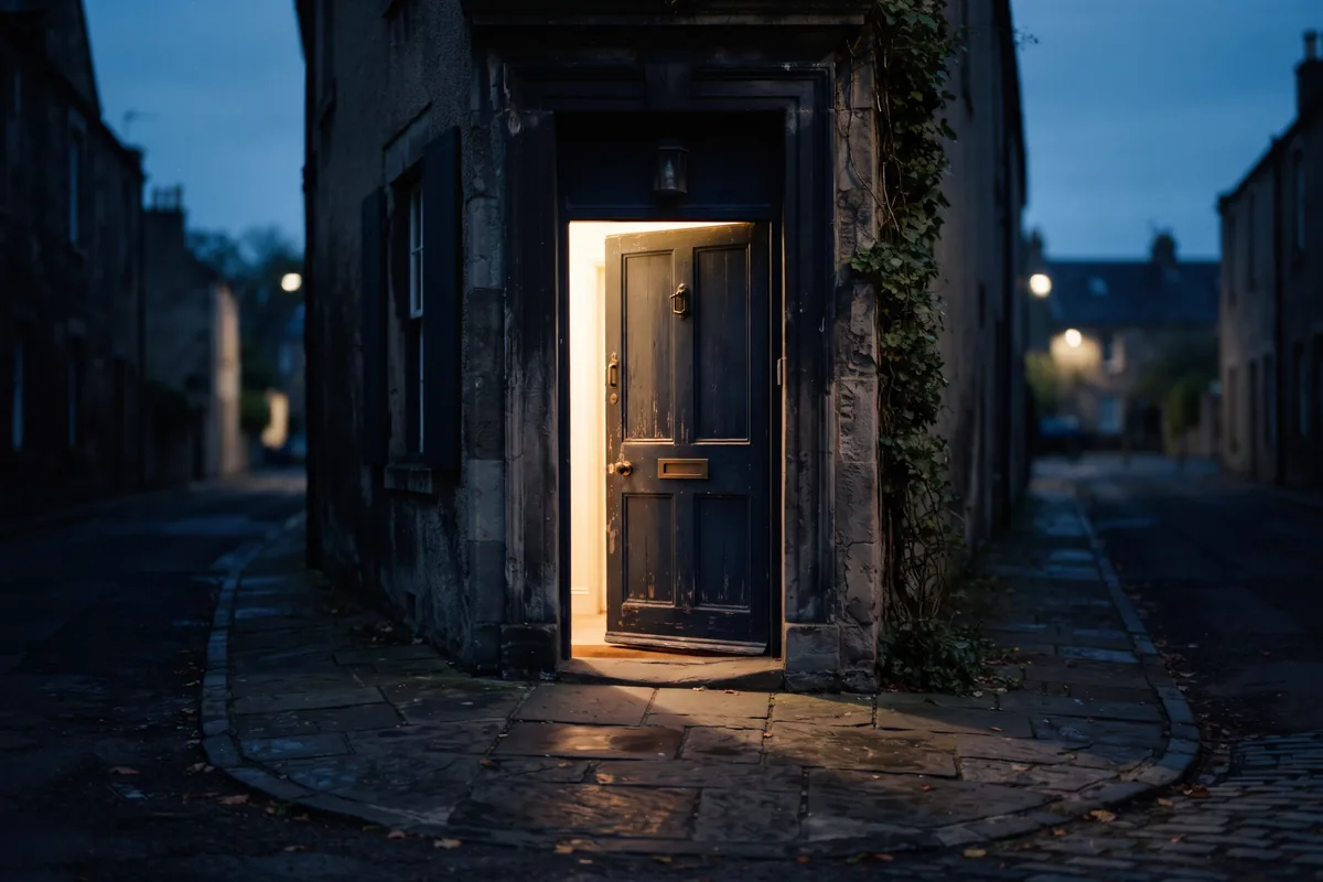 A wooden door slightly open with gold light spilling out