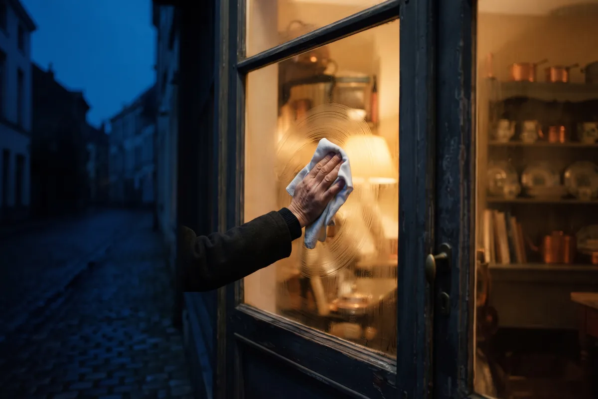 A hand wiping the glass of a small shopfront at dawn