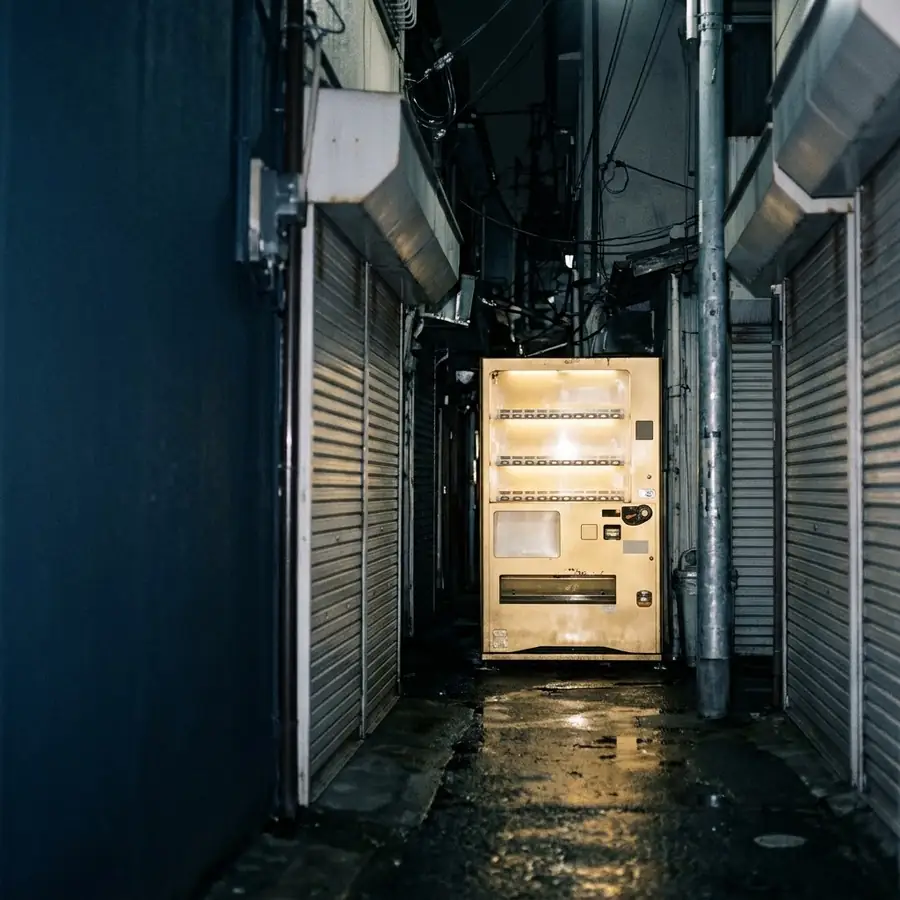 A glowing vending machine in a dark back alley.