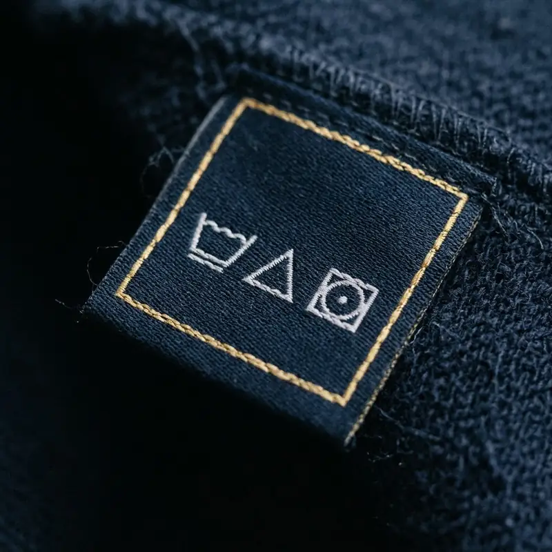 A woven care label with gold stitching and wash care symbols.