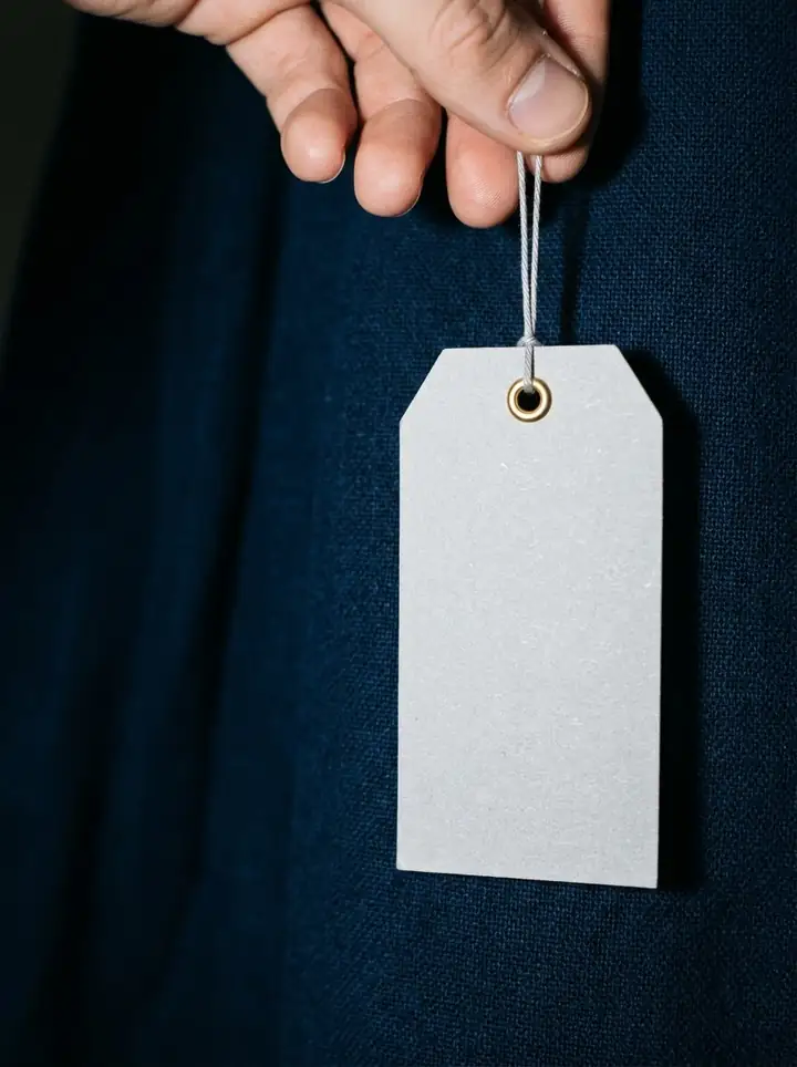 A blank hang tag with a gold eyelet held against dark cloth, like a plan that comes with the product.