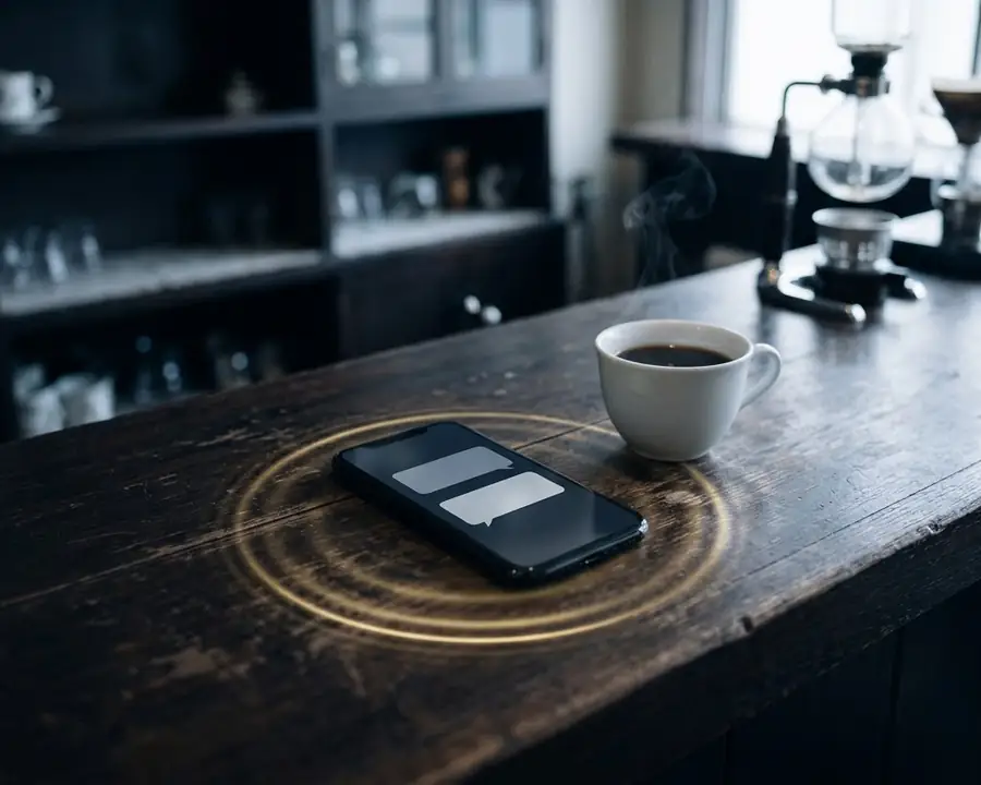 A phone on a coffee shop counter with a gold ripple spreading from it, as a new message arrives.
