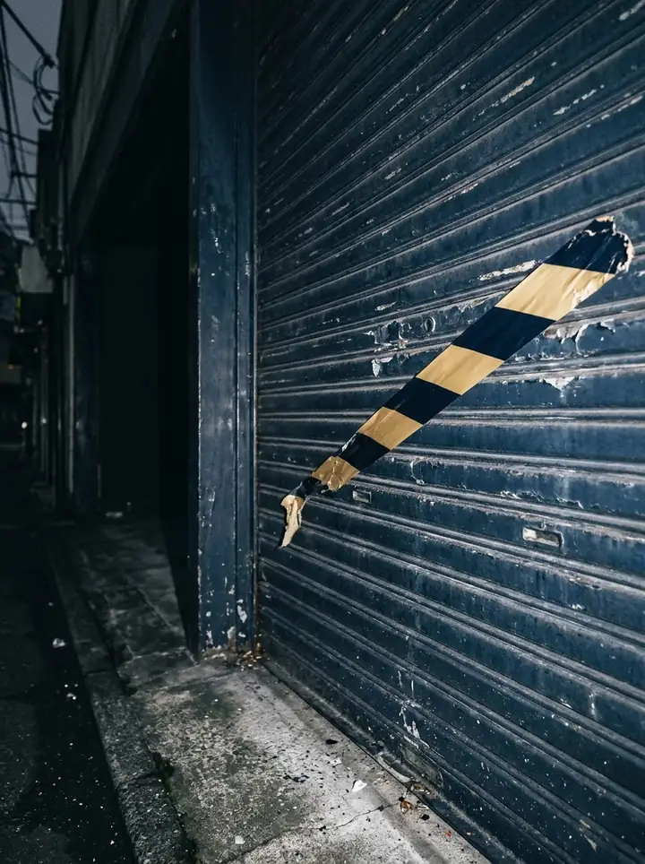 A shop shutter with gold and navy warning tape across it.