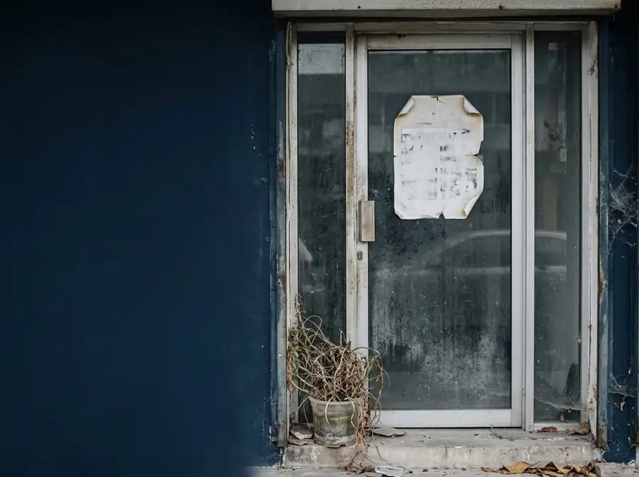 A closed shop door with a faded, curling notice and a dried out plant on the step.
