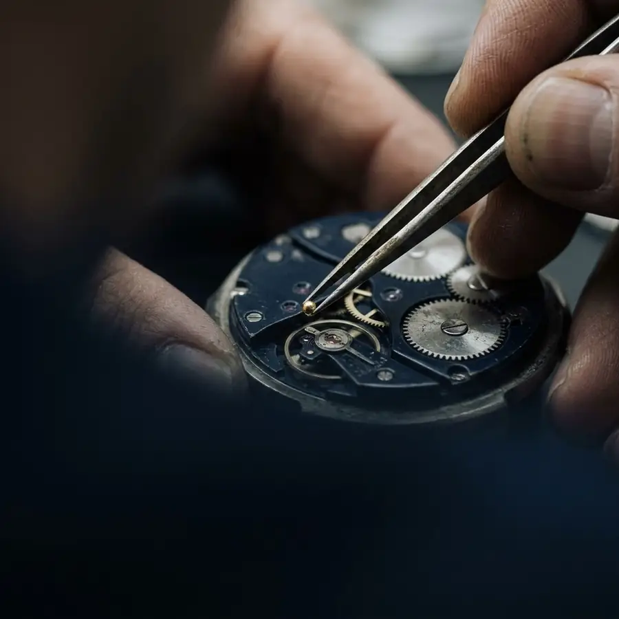 Close up of a watchmaker adjusting a watch with fine tweezers