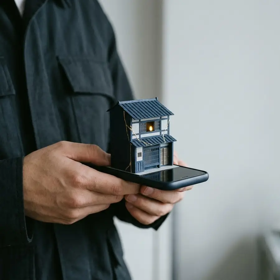 A paper townhouse rising out of a phone screen like a pop up book.