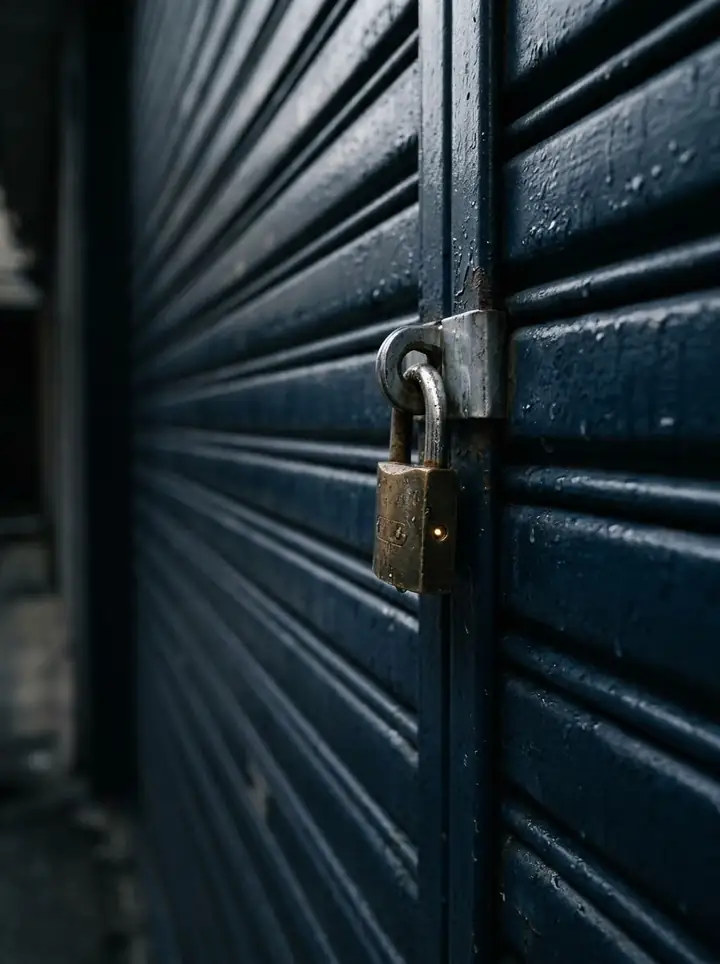 A brass padlock on a navy roller shutter with a small gold glow at the keyhole.