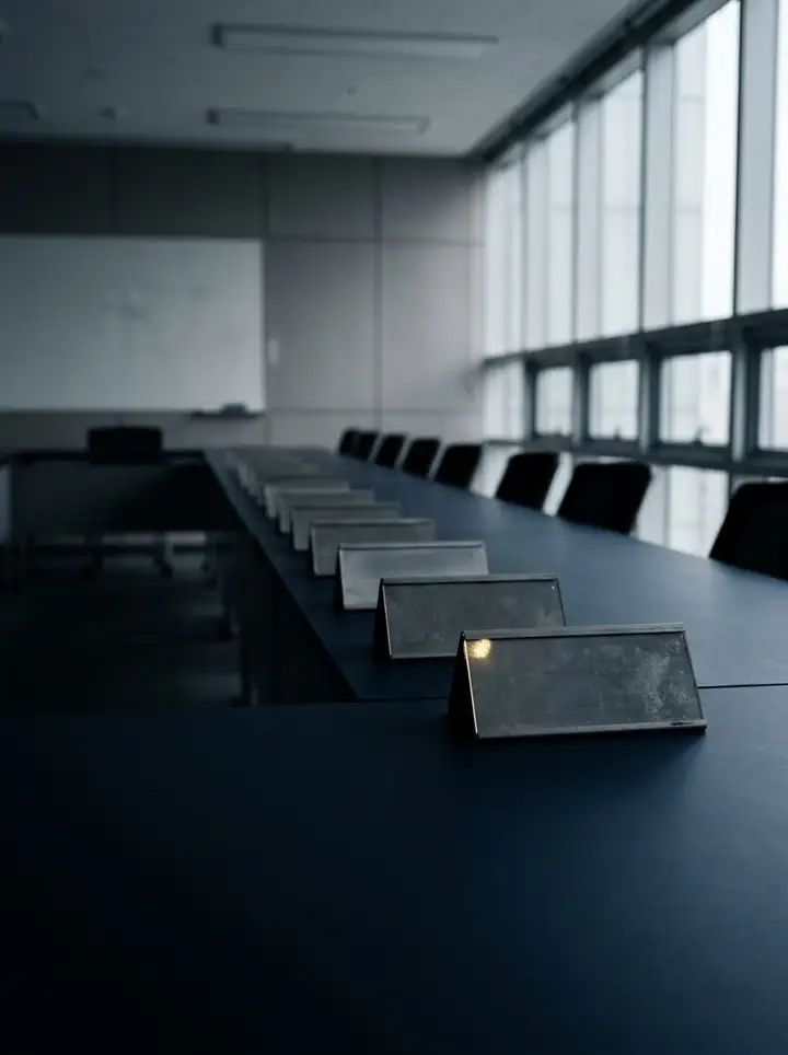 A long meeting table with a row of blank name stands.