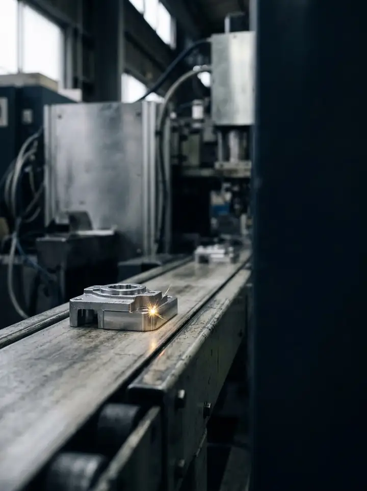 A polished metal part on a clean factory line.