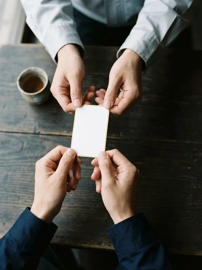 Two hands passing a blank card across a wooden table.