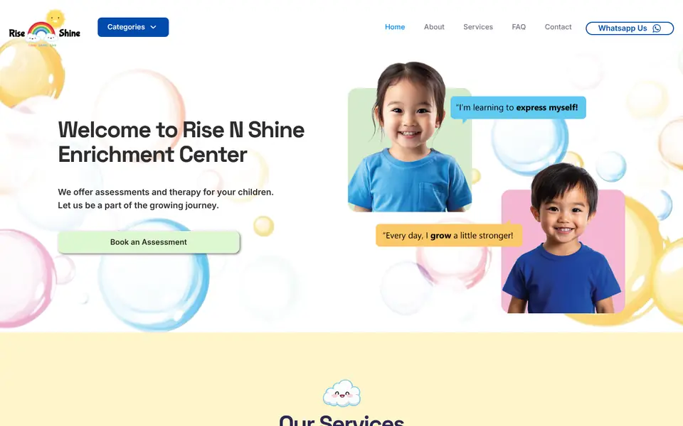 Desktop view of the Rise N Shine Therapy Enrichment Center website.