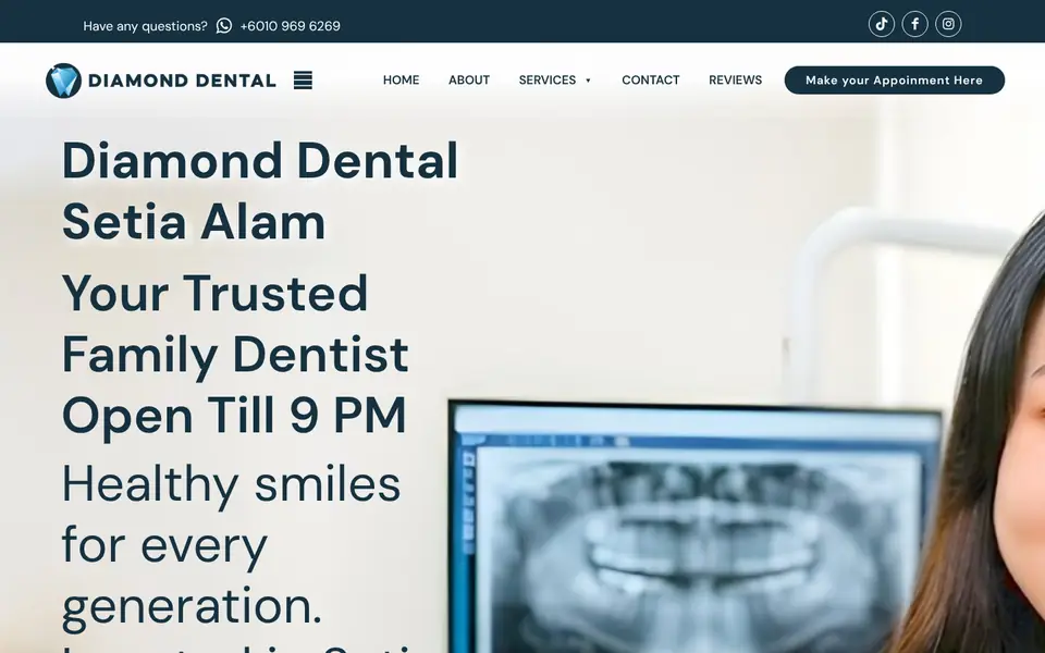 Desktop view of the Diamond Dental Setia Alam website.